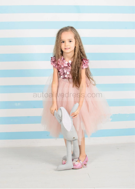 Pink Sequins Tulle Tea Length Flower Girl Dress